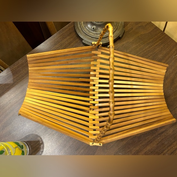 Mid Century Teak Folding Basket/ Fruit Bowl With Bamboo Handle MCM - Picture 7 of 8